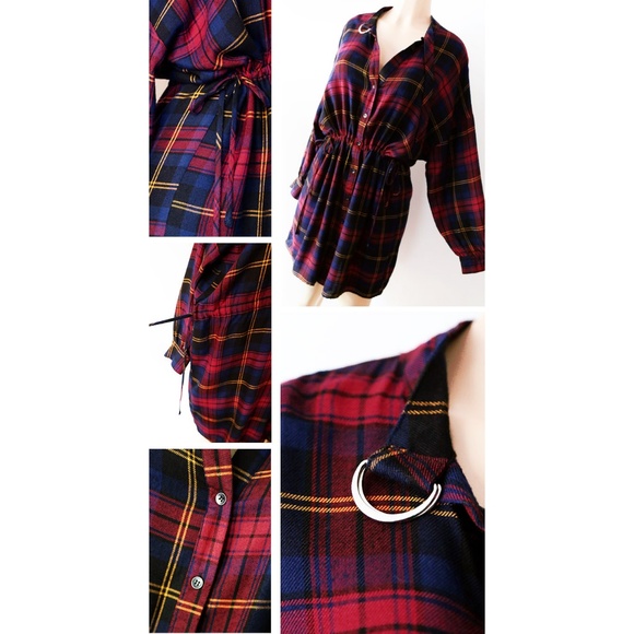 Plaid Checker Drawstring Oversize Cute Shirt Dress - Picture 4 of 8